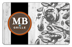 Market Broiler logo over white washed wooden background with lobsters and crabs